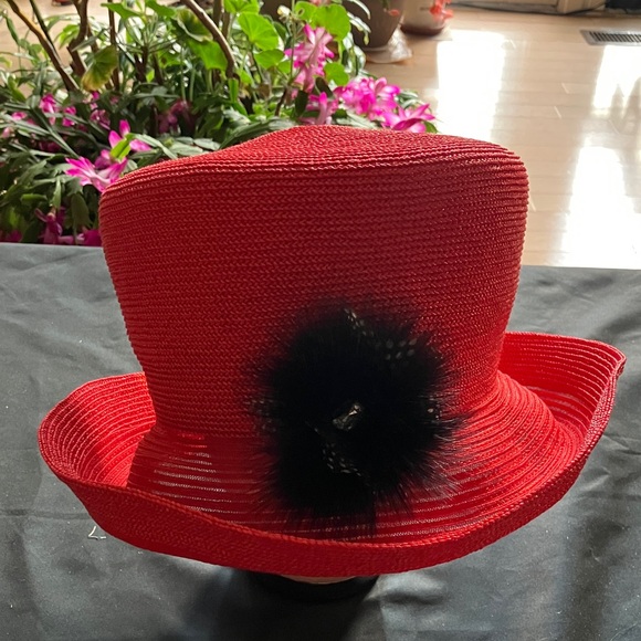 Red Hat with Black Feather Accent - Picture 2 of 5